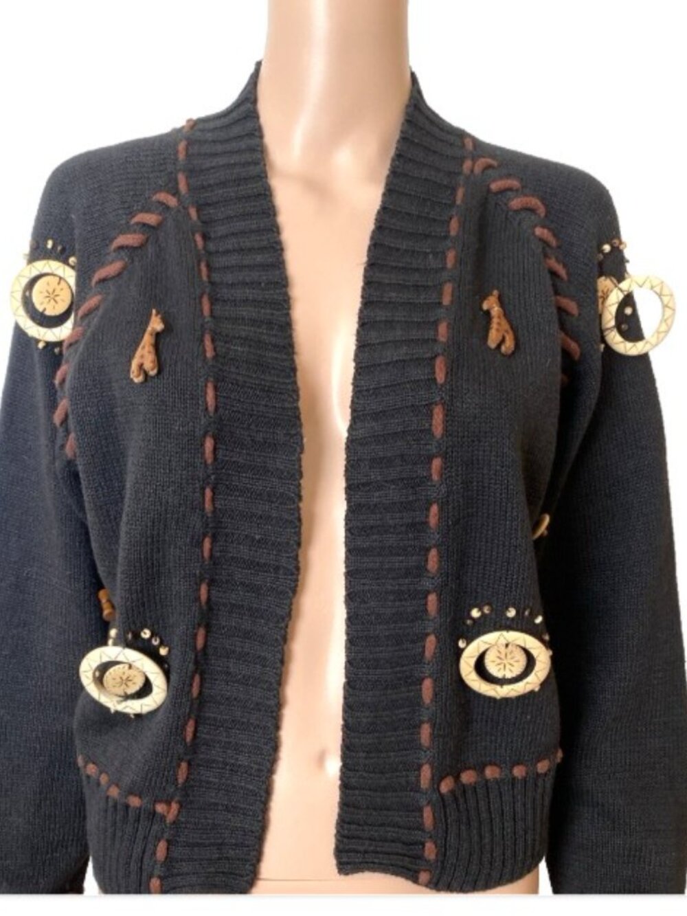 Vintage PIERRE CARDIN Wood Grraffe, Drum Trim Cardigan Sweater Medium